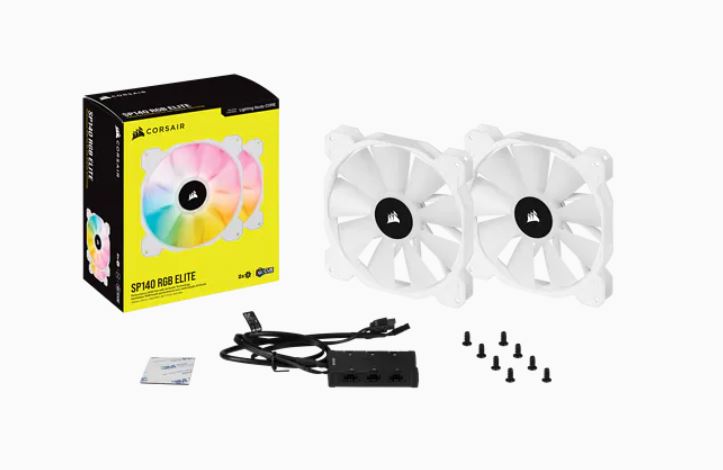 CORSAIR White SP140 RGB ELITE, 140mm RGB LED Fan with AirGuide, 68 CFM, Dual Pack with Lighting Node CORE - SuperSaverAU - view 1