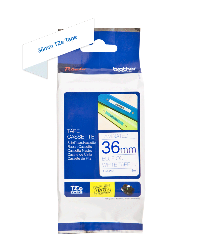 Genuine Brother TZe-263 Labelling Tape Cassette - Blue on White, 36mm, 8m - SuperSaverAU - view 1