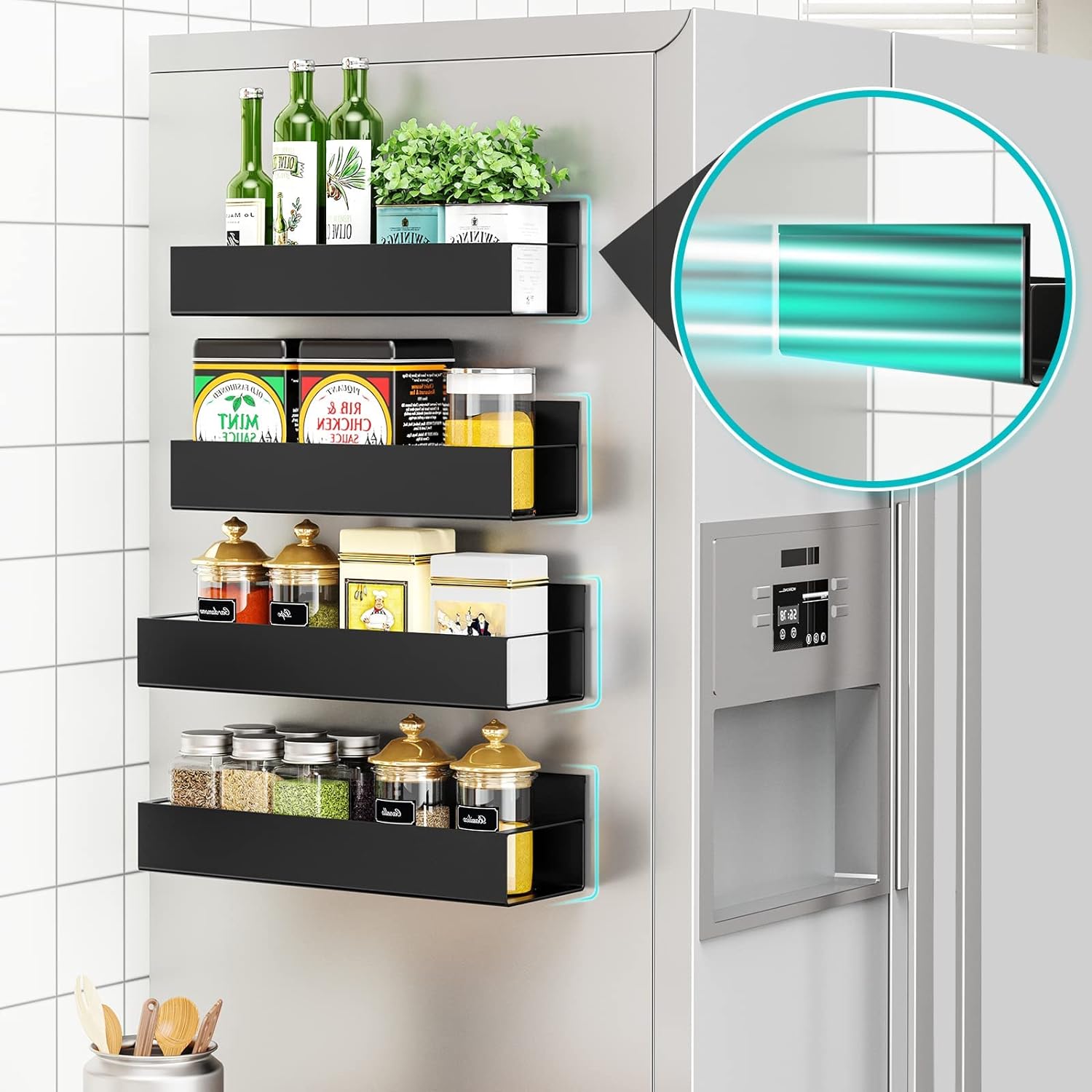 Premium Magnetic Fridge Spice Rack Set - Black, 4 Pack