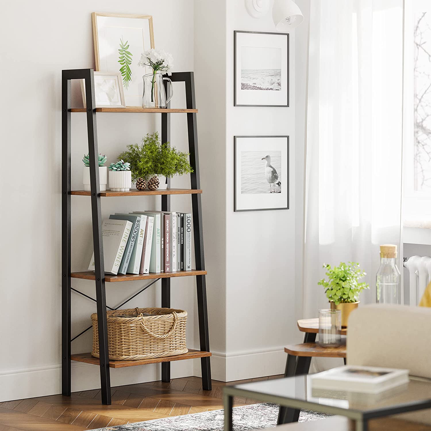 Rustic Brown and Black Metal Frame 4-Tier Bookshelf - SuperSaverAU - view 3