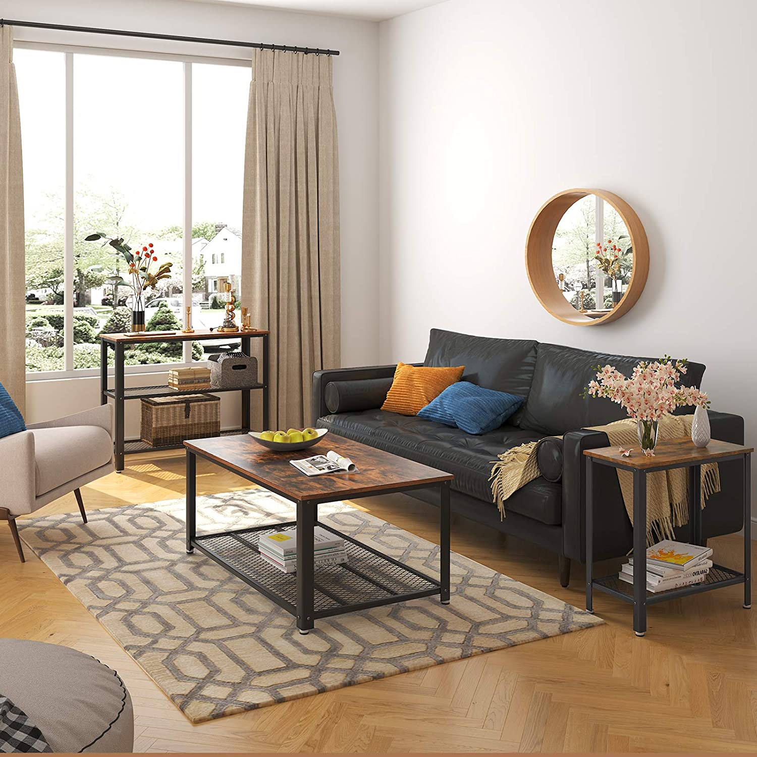 Industrial Side Table 2-Tier with Mesh Shelf and Metal Frame - Rustic Brown - SuperSaverAU - view 2