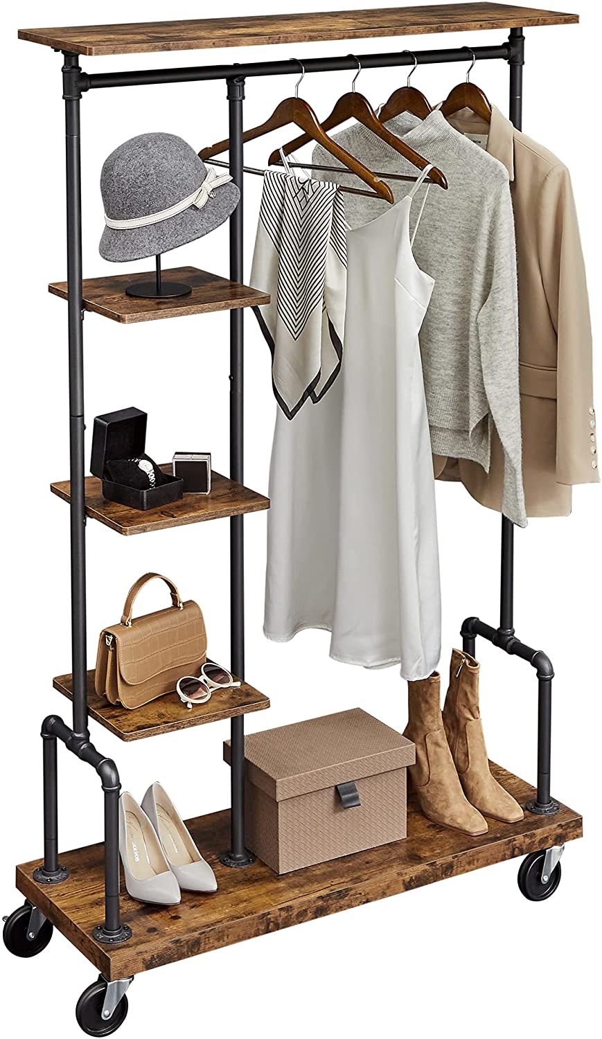 Clothing Garment Rack on Wheels, 5-Tier, Industrial Pipe Style, Rustic Brown, 103.4x39.9x174.5 cm - SuperSaverAU - view 3
