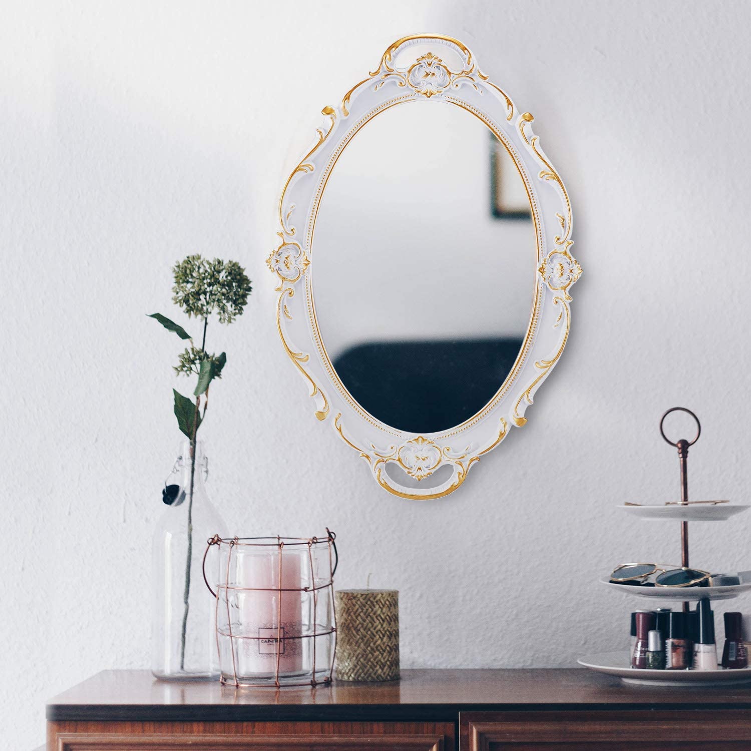 Oval Antique White Vintage Carved Wall Mirror 25 x 38 cm - Lightweight, Easy to Hang - SuperSaverAU - view 3