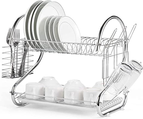 2 Tier Dish Rack with Drain Board, Chrome Finish, 42 x 25.5 x 38 cm - SuperSaverAU - view 1