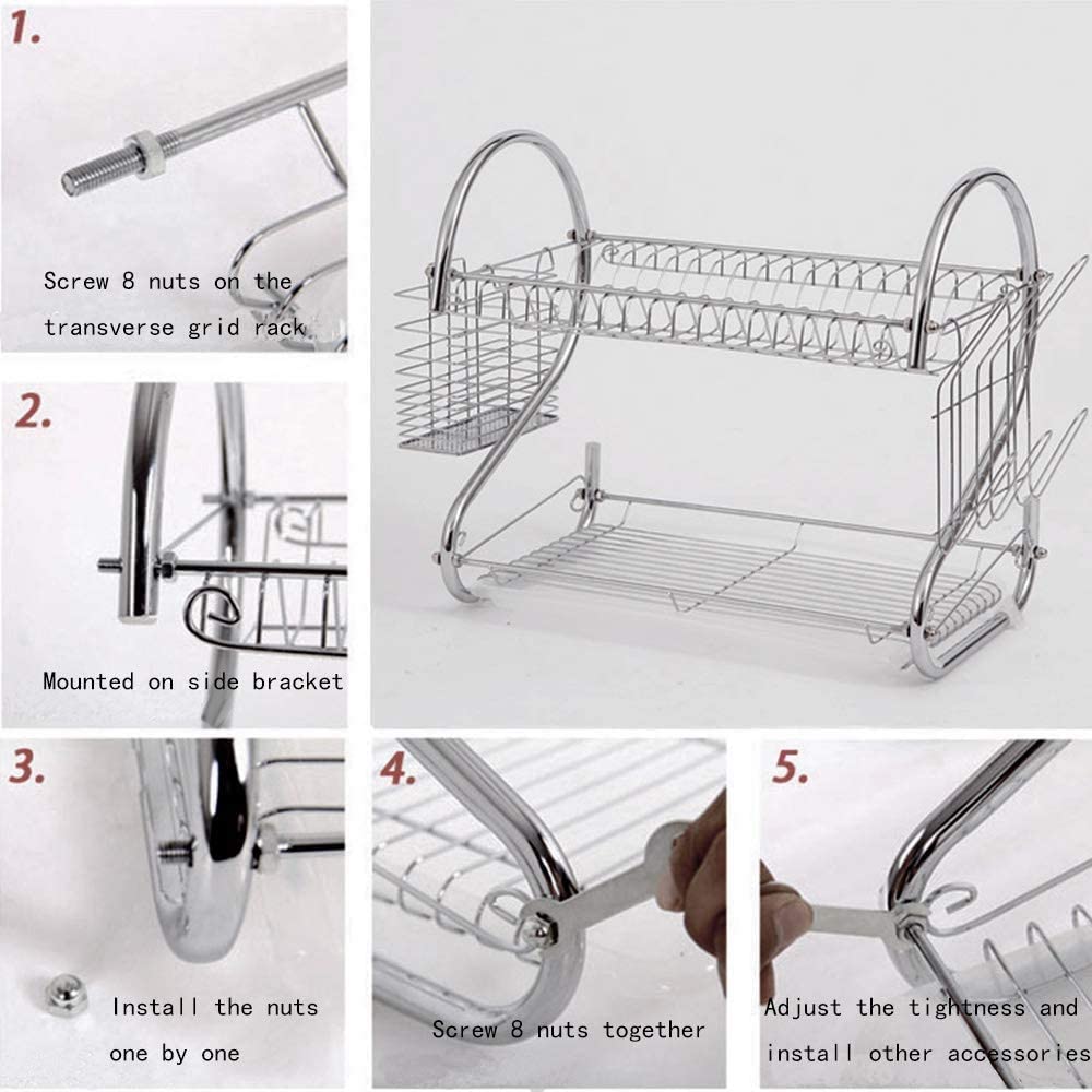 2 Tier Dish Rack with Drain Board, Chrome Finish, 42 x 25.5 x 38 cm - SuperSaverAU - view 4