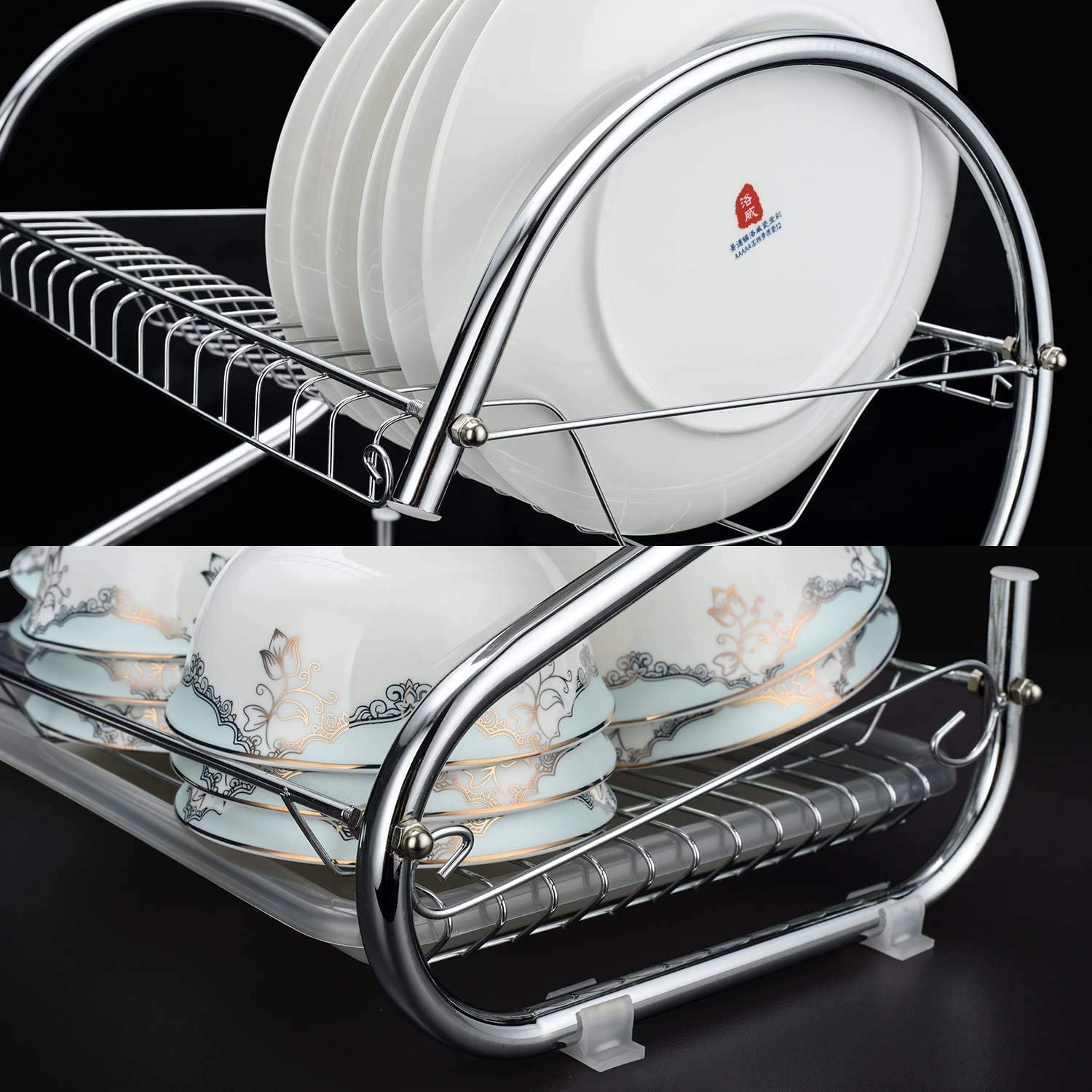 2 Tier Dish Rack with Drain Board, Chrome Finish, 42 x 25.5 x 38 cm - SuperSaverAU - view 7