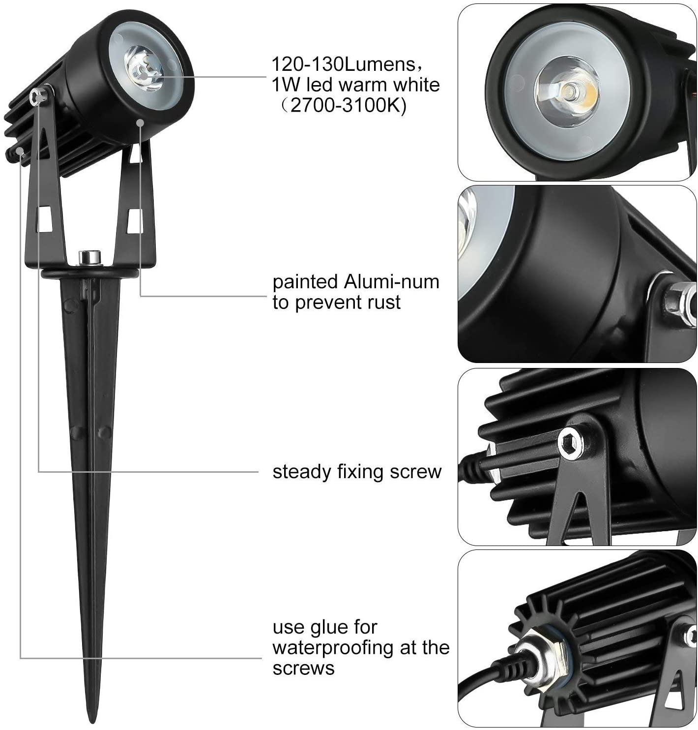 3 x Solar LED Spotlights, 120-130 Lumen, Waterproof, Warm White, 18 cm - SuperSaverAU - view 5