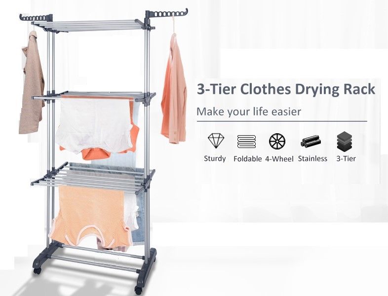 3 Tier Foldable Clothes Drying Rack 73x66x170 cm with Hanger Stand Rail Indoor - SuperSaverAU - view 4