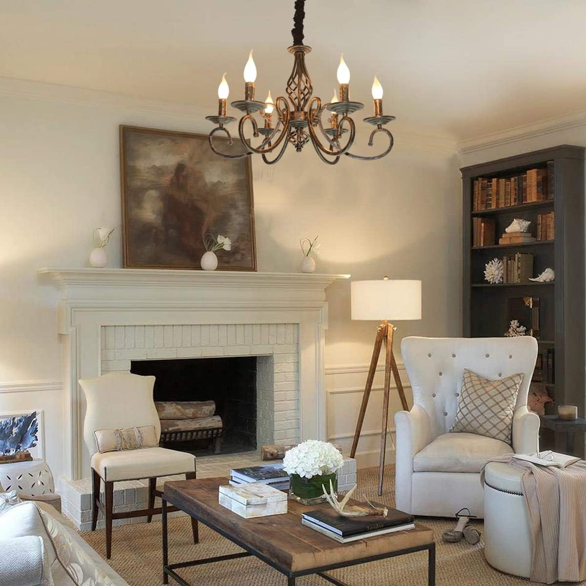 Rustic 6-Light Chandelier, French Country, Dimmable, Adjustable Height, 61x61x126 cm - SuperSaverAU - view 2
