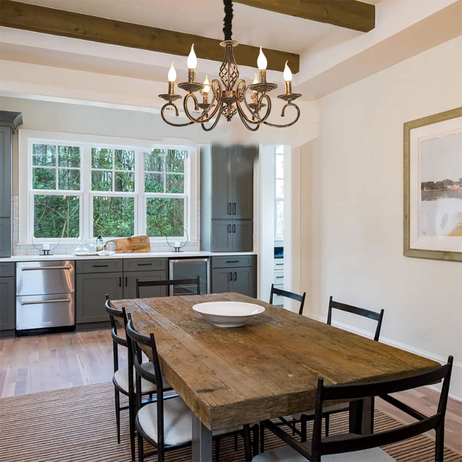 Rustic 6-Light Chandelier, French Country, Dimmable, Adjustable Height, 61x61x126 cm - SuperSaverAU - view 3