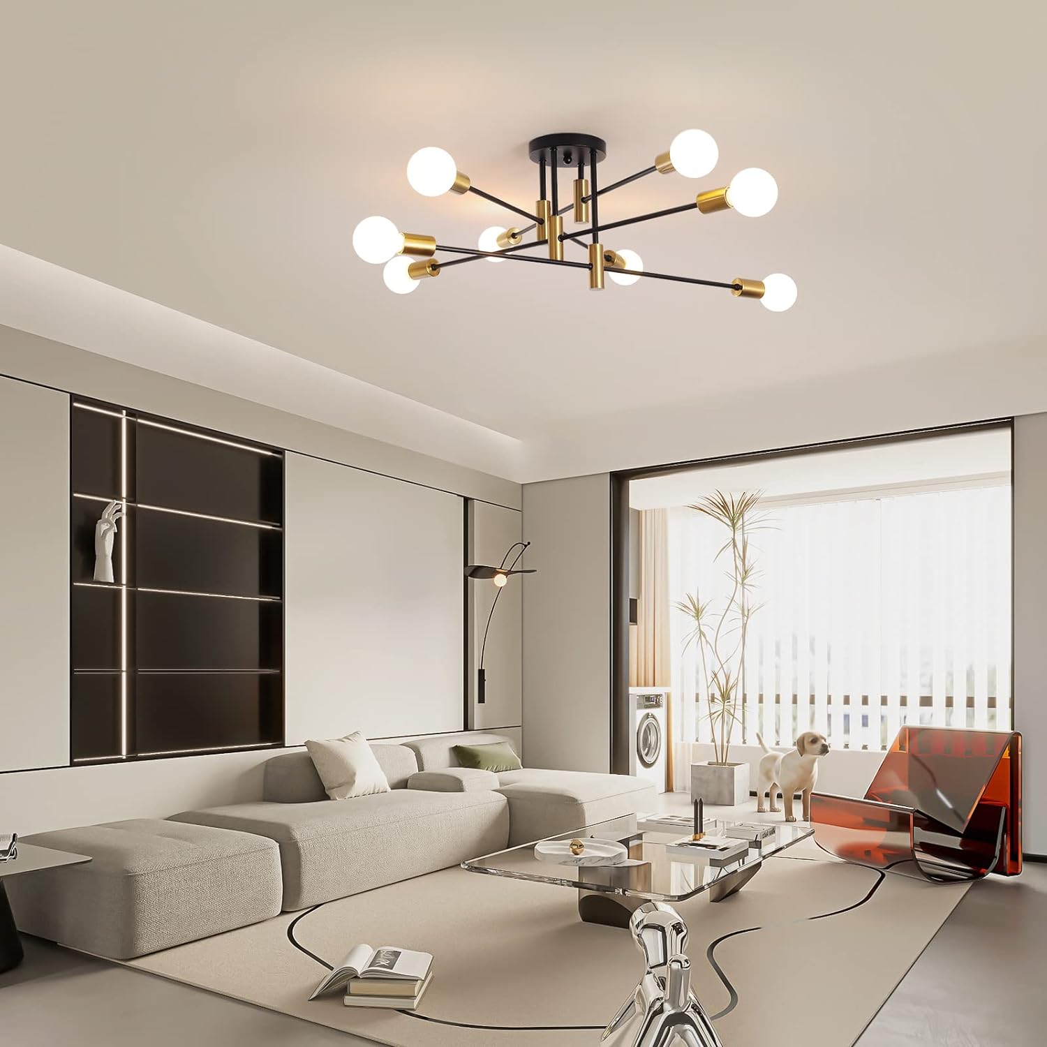 Modern Black Gold 8-Light Sputnik Chandelier, Adjustable Arms, 81 cm - SuperSaverAU - view 2