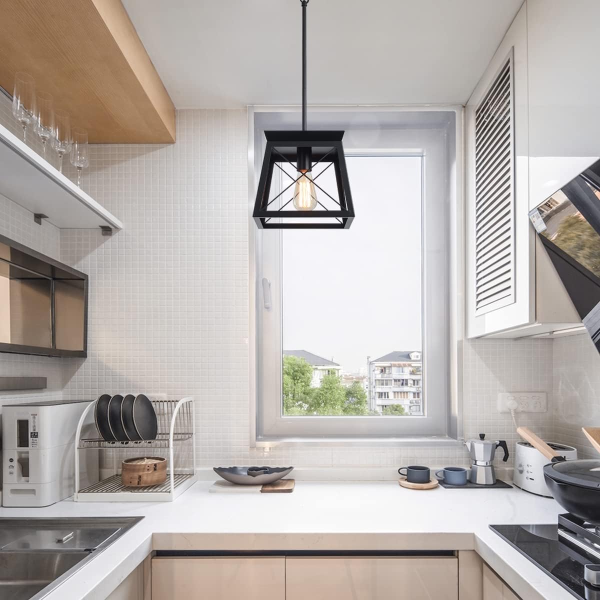 Farmhouse Pendant Light Rustic Lantern Chandelier Black 25x25x132cm E27 Socket - SuperSaverAU - view 3