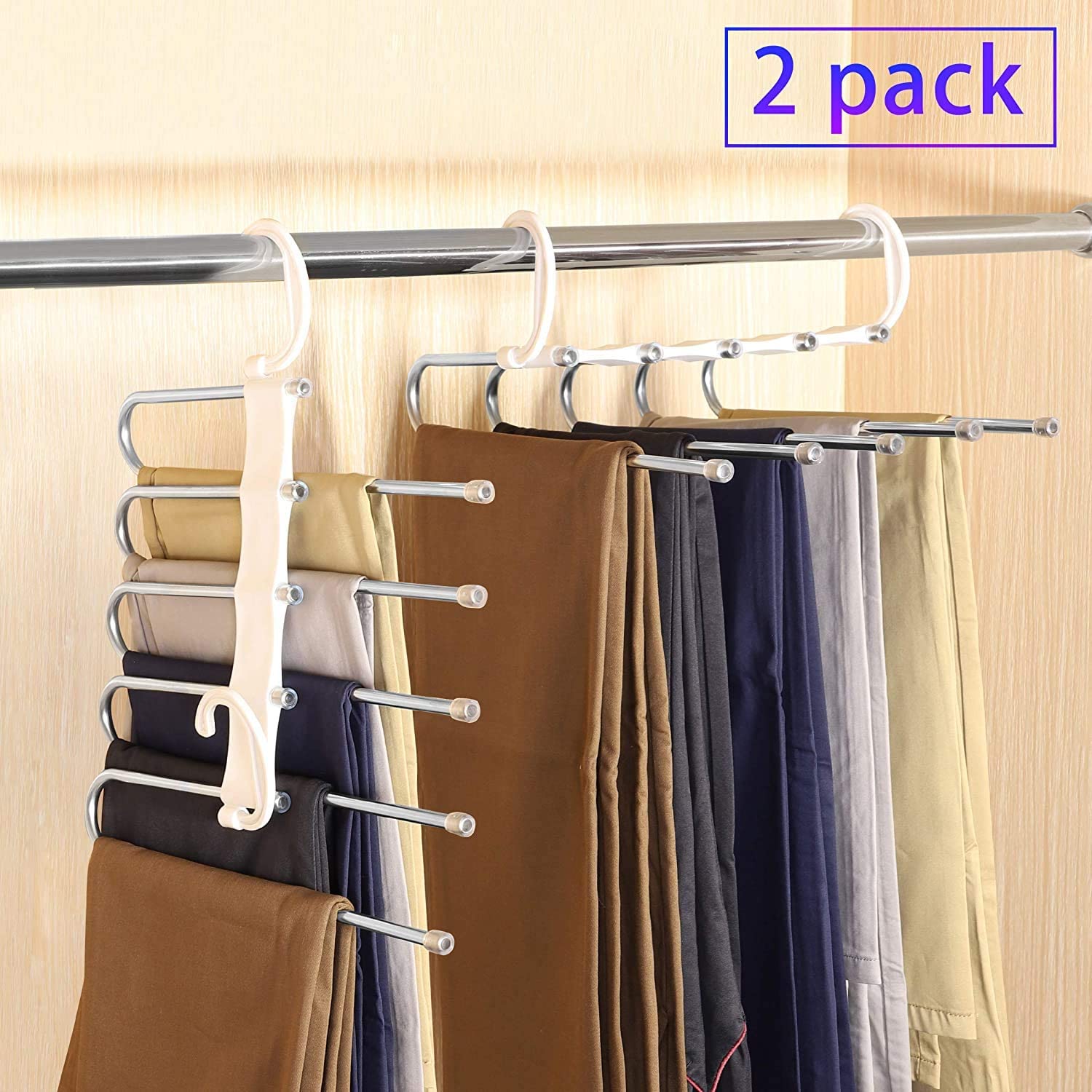 2 Pack Adjustable Multi-Layer 5 in 1 Pants Hanger, Space Saving, 34 x 18.5 cm, White - SuperSaverAU - view 1