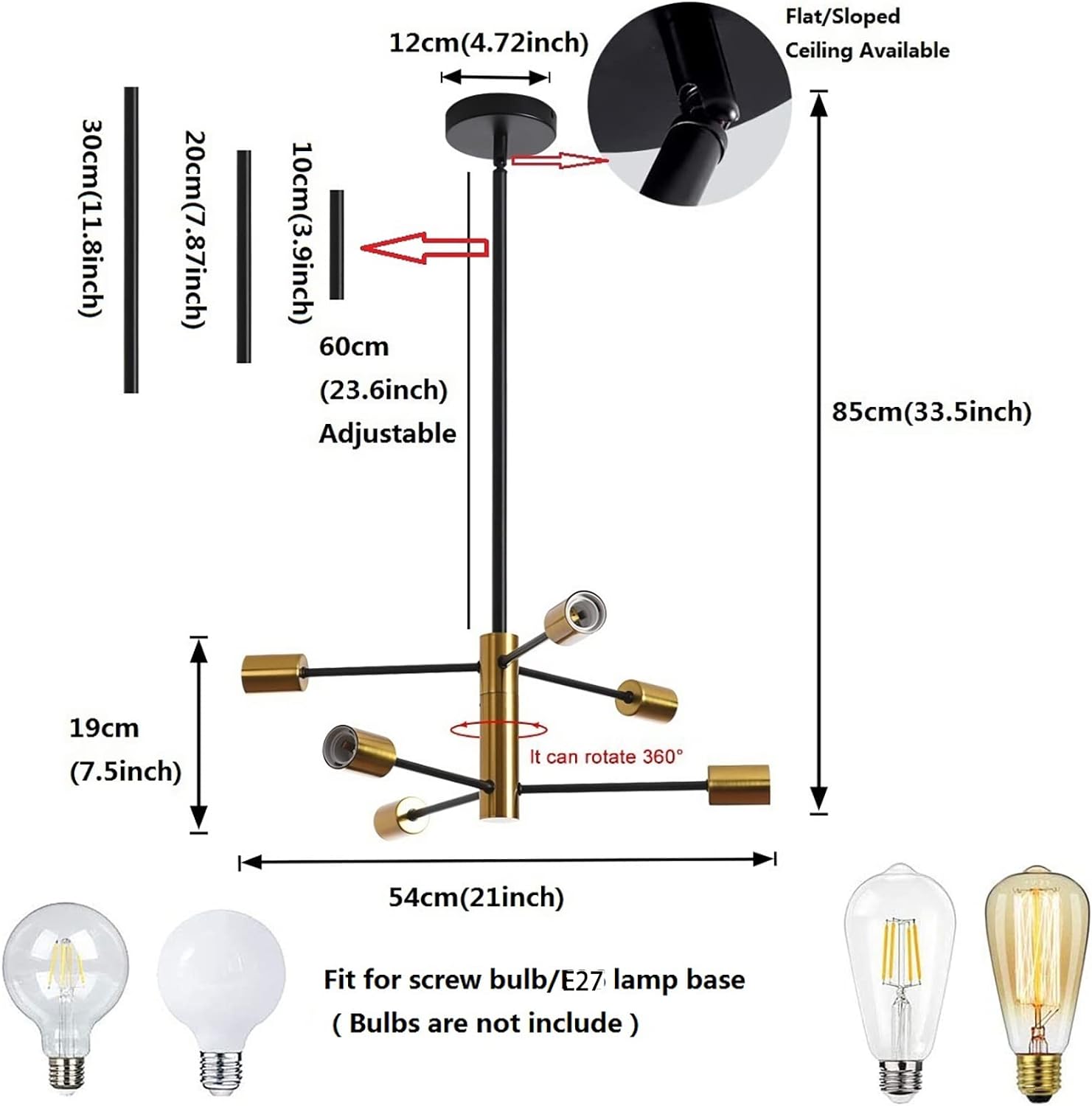 6-Light Sputnik Chandelier, Modern Industrial, Adjustable Height, Black & Gold, 33.5in/85cm - SuperSaverAU - view 3