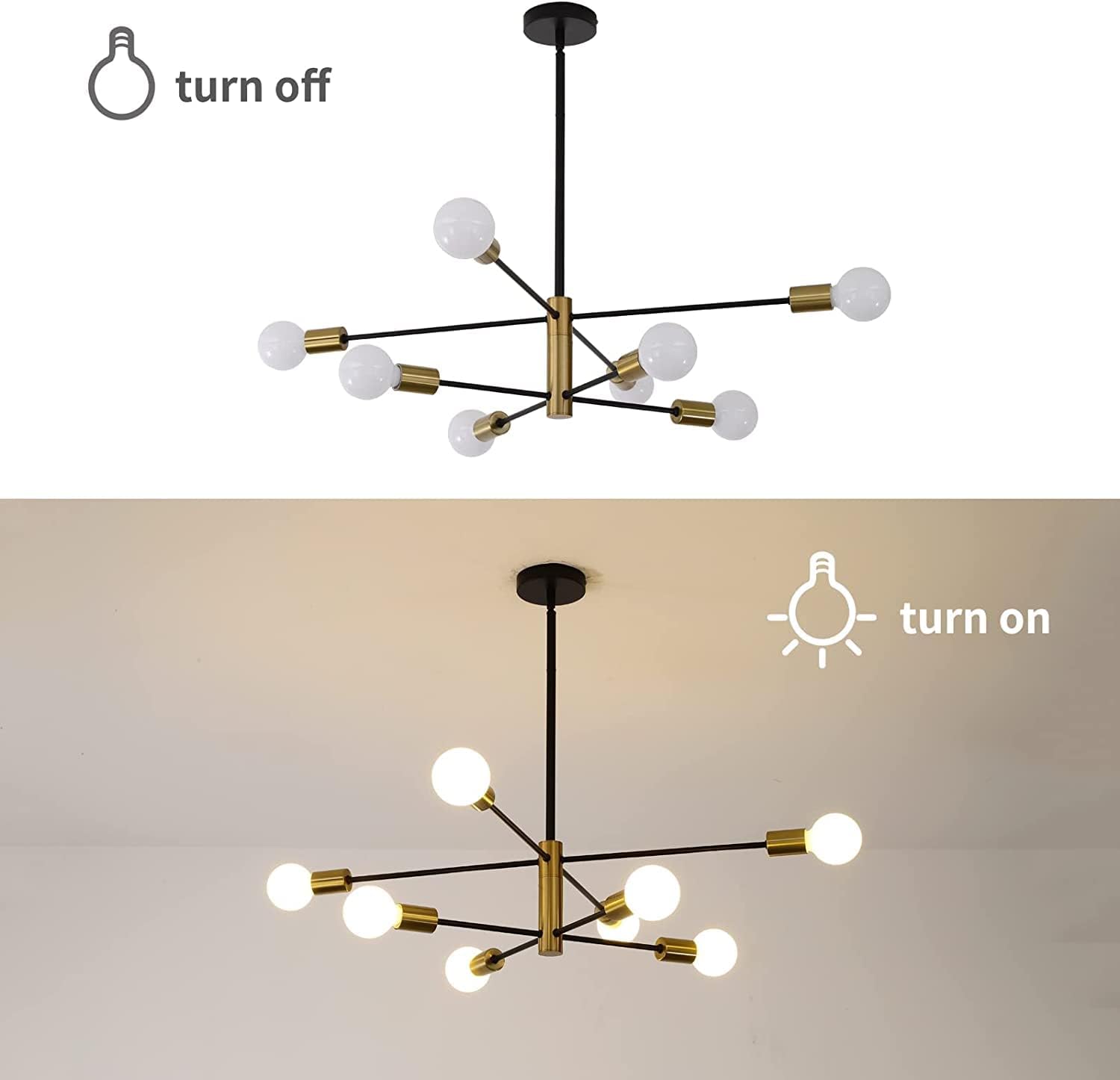 Modern 8-Light Sputnik Chandelier, Adjustable Black & Gold, 85cm H x 54cm W - SuperSaverAU - view 3