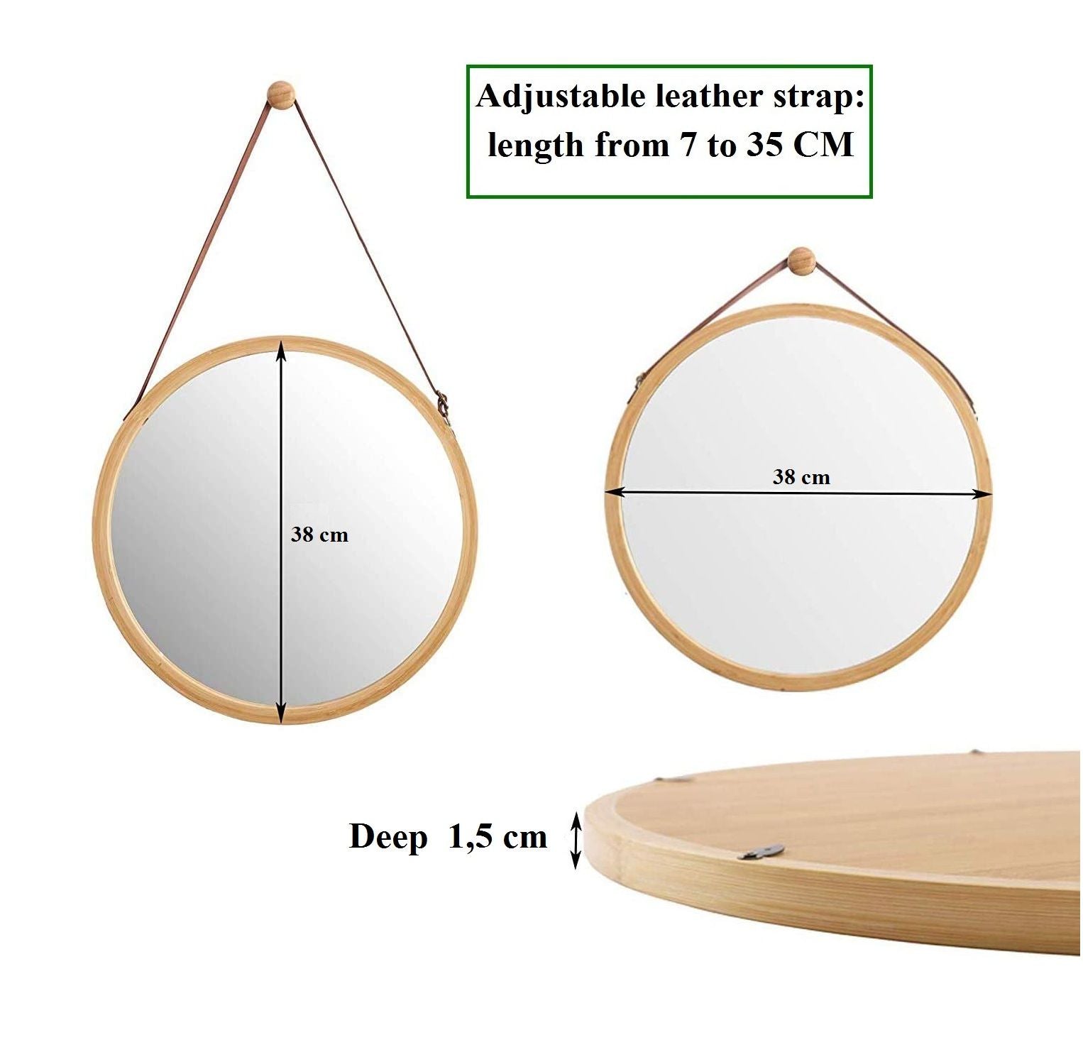 Hanging Round Wall Mirror 38cm - Bamboo Frame & Adjustable Leather Strap - SuperSaverAU - view 7