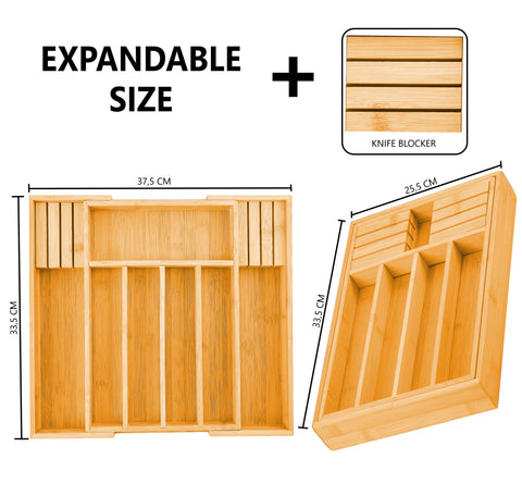 Large Capacity Bamboo Expandable Drawer Organizer 37.5x33.5cm with Knife Block Holder - SuperSaverAU - view 1