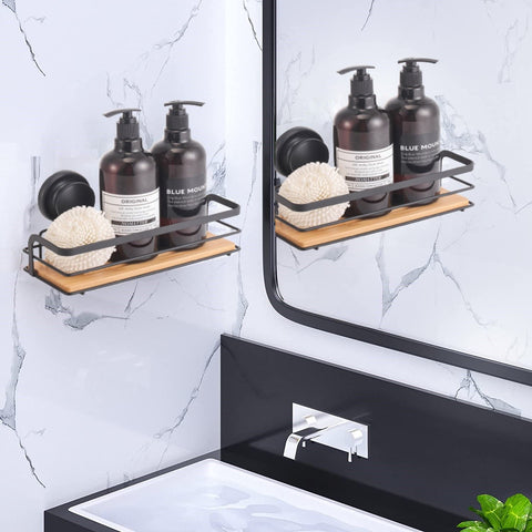 2 Pack Bamboo Corner Shower Caddy Shelf with Vacuum Suction Cup, 25x10x12 cm - SuperSaverAU - view 1