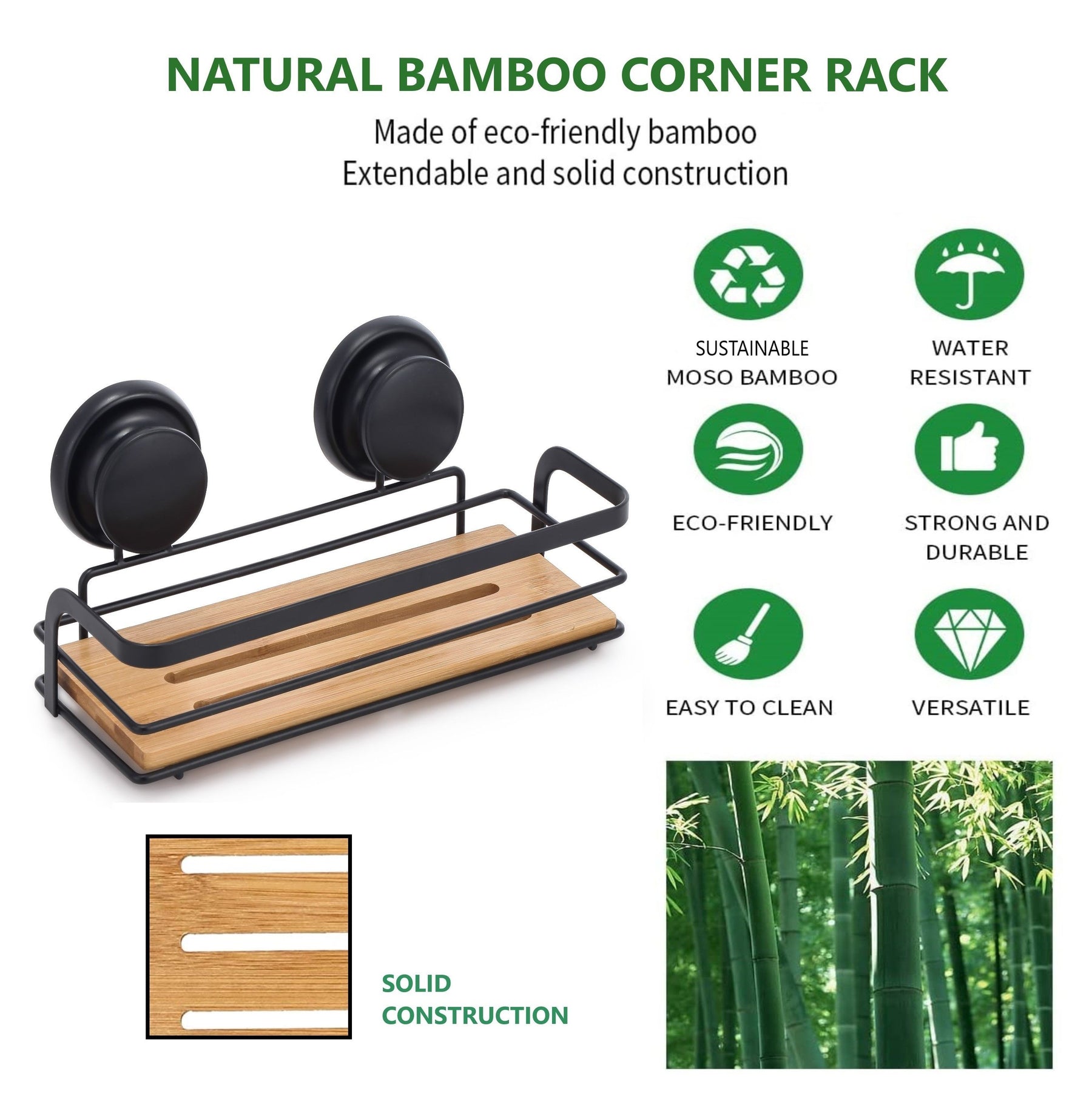 2 Pack Bamboo Corner Shower Caddy Shelf with Vacuum Suction Cup, 25x10x12 cm - SuperSaverAU - view 3
