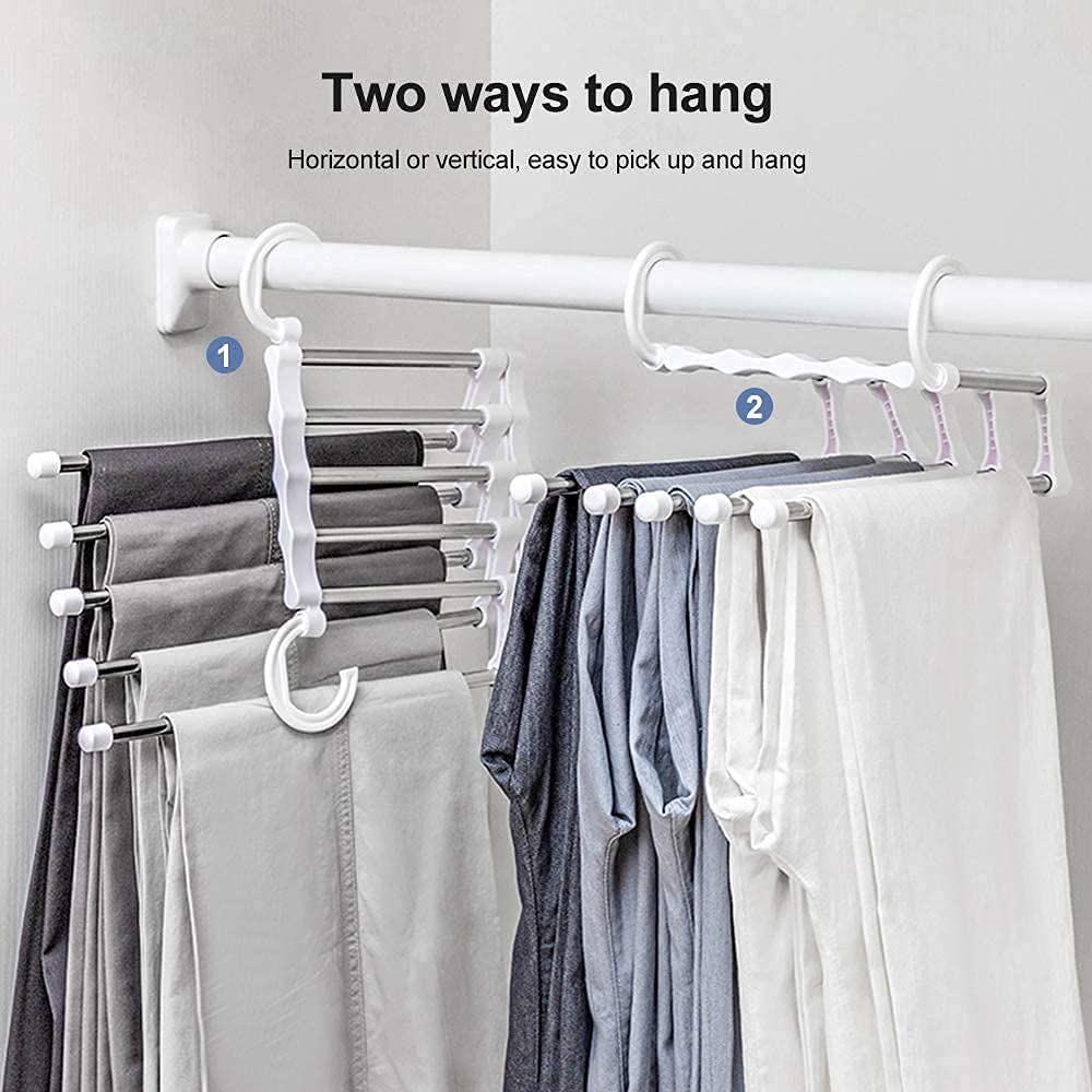 2 Pack Stainless Steel Adjustable 5 in 1 Pants Hangers Non-Slip Space Saving 32x14x12.5 cm - SuperSaverAU - view 1