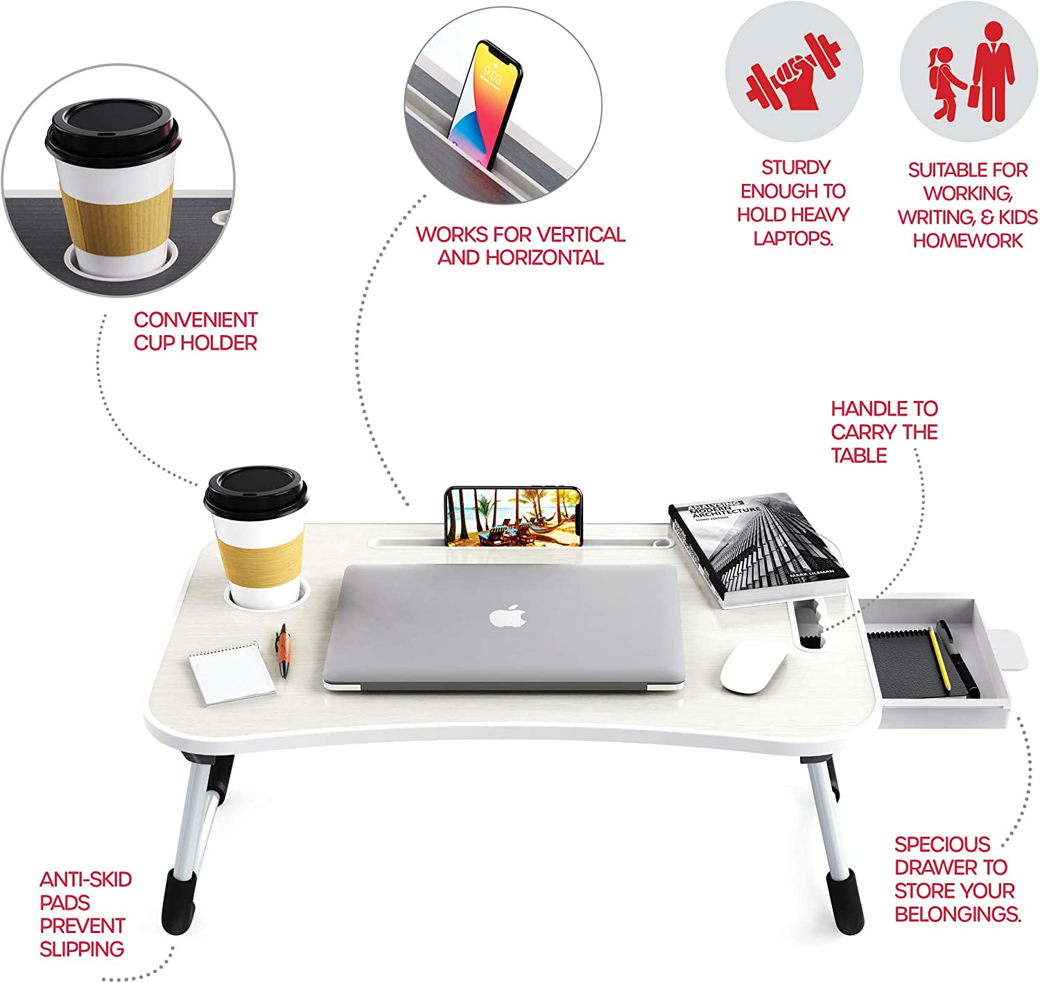 Premium Foldable Laptop Bed Desk with Storage 60x40x26cm
