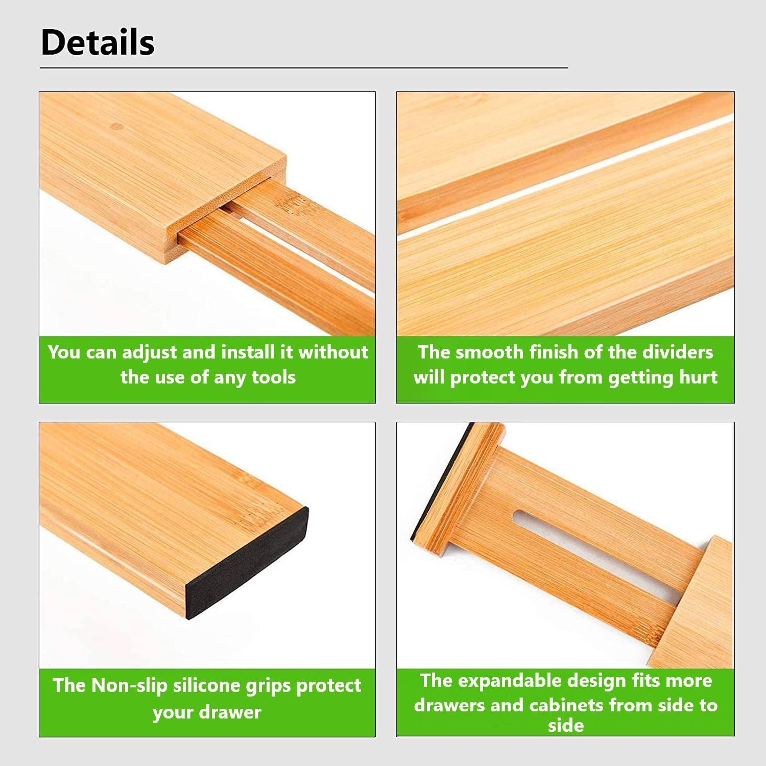 Premium Bamboo Adjustable Kitchen Drawer Dividers - Large, 8 Pack