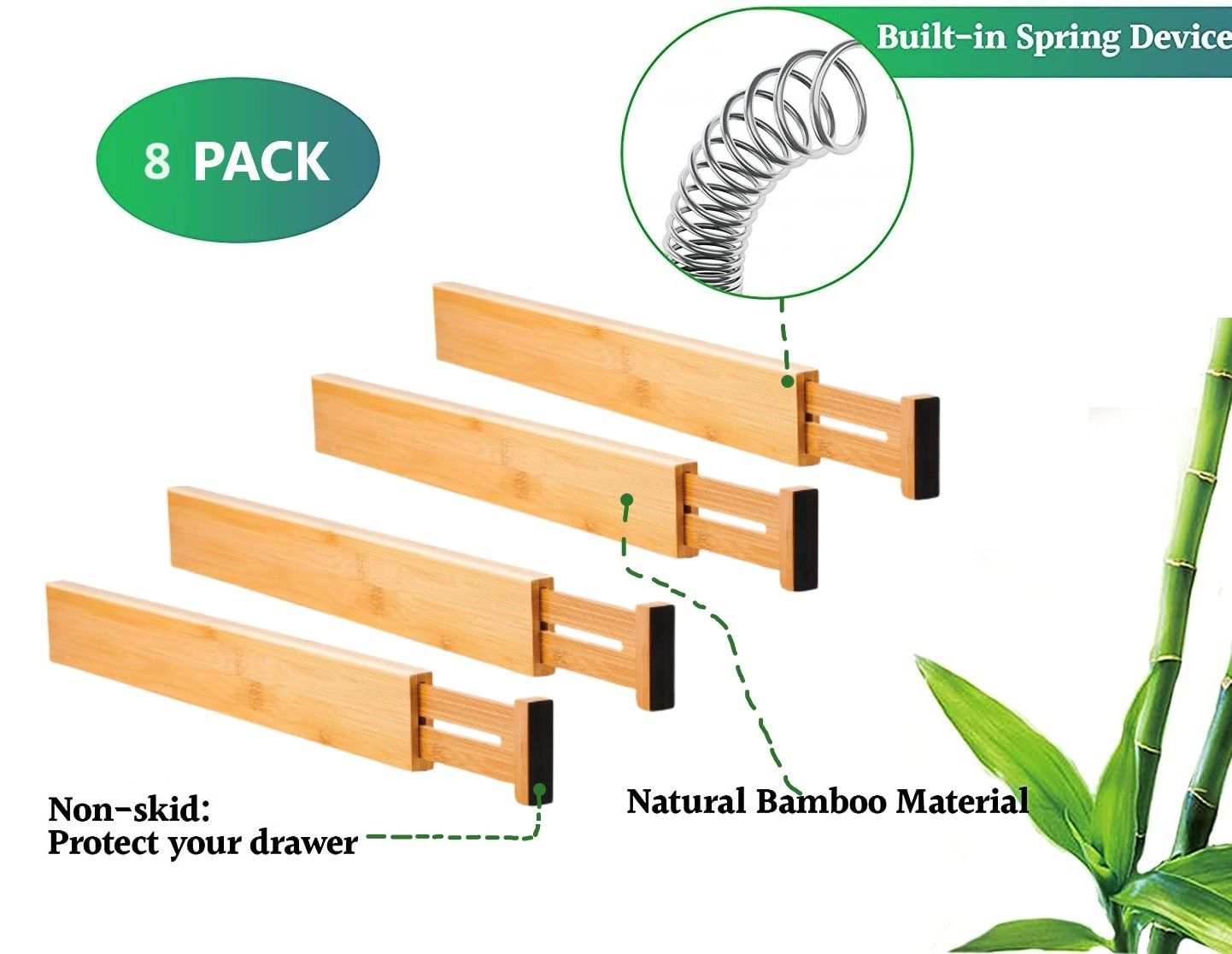 Premium Bamboo Adjustable Kitchen Drawer Dividers - Large, 8 Pack