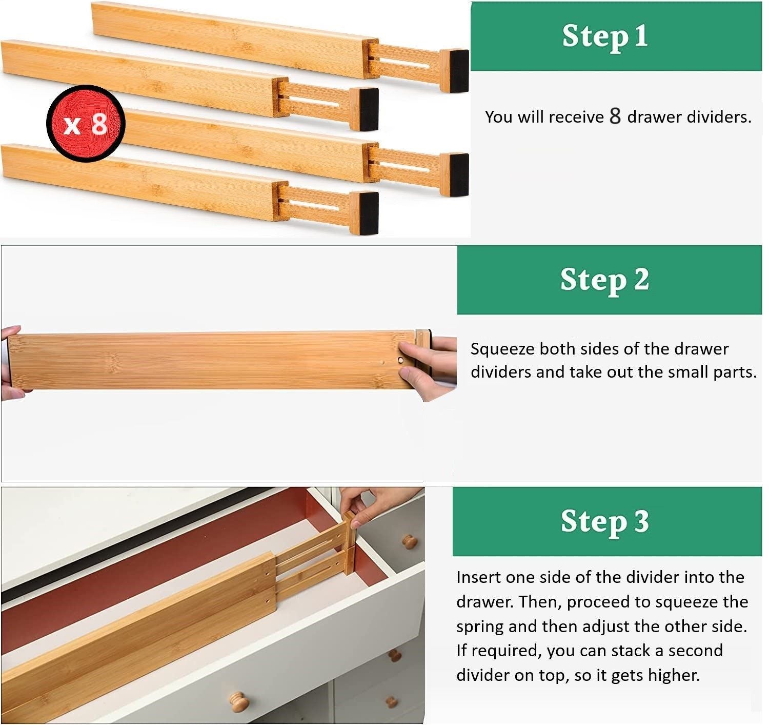Premium Bamboo Adjustable Kitchen Drawer Dividers - Large, 8 Pack