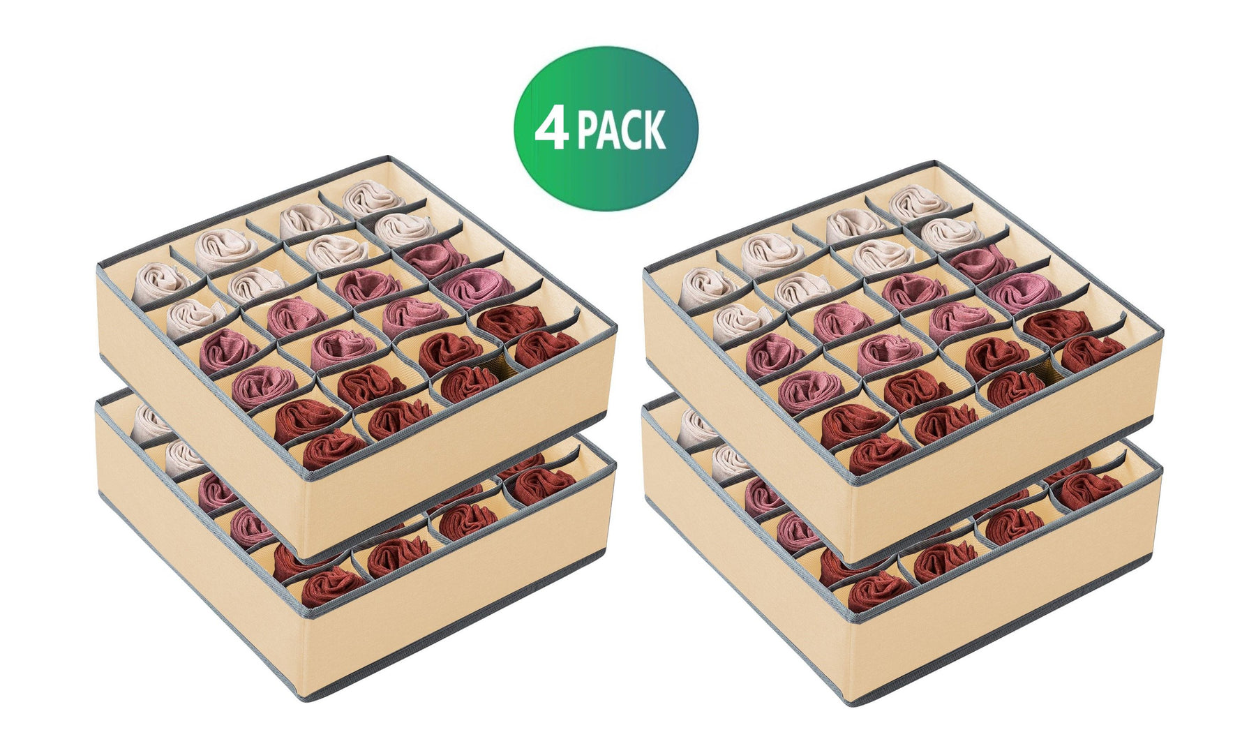 Premium Fabric Drawer Organiser Storage Boxes - Beige, 4 Pack
