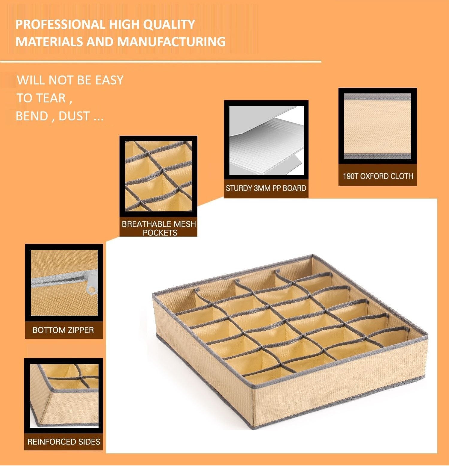 Premium Fabric Drawer Organiser Storage Boxes - Beige, 4 Pack
