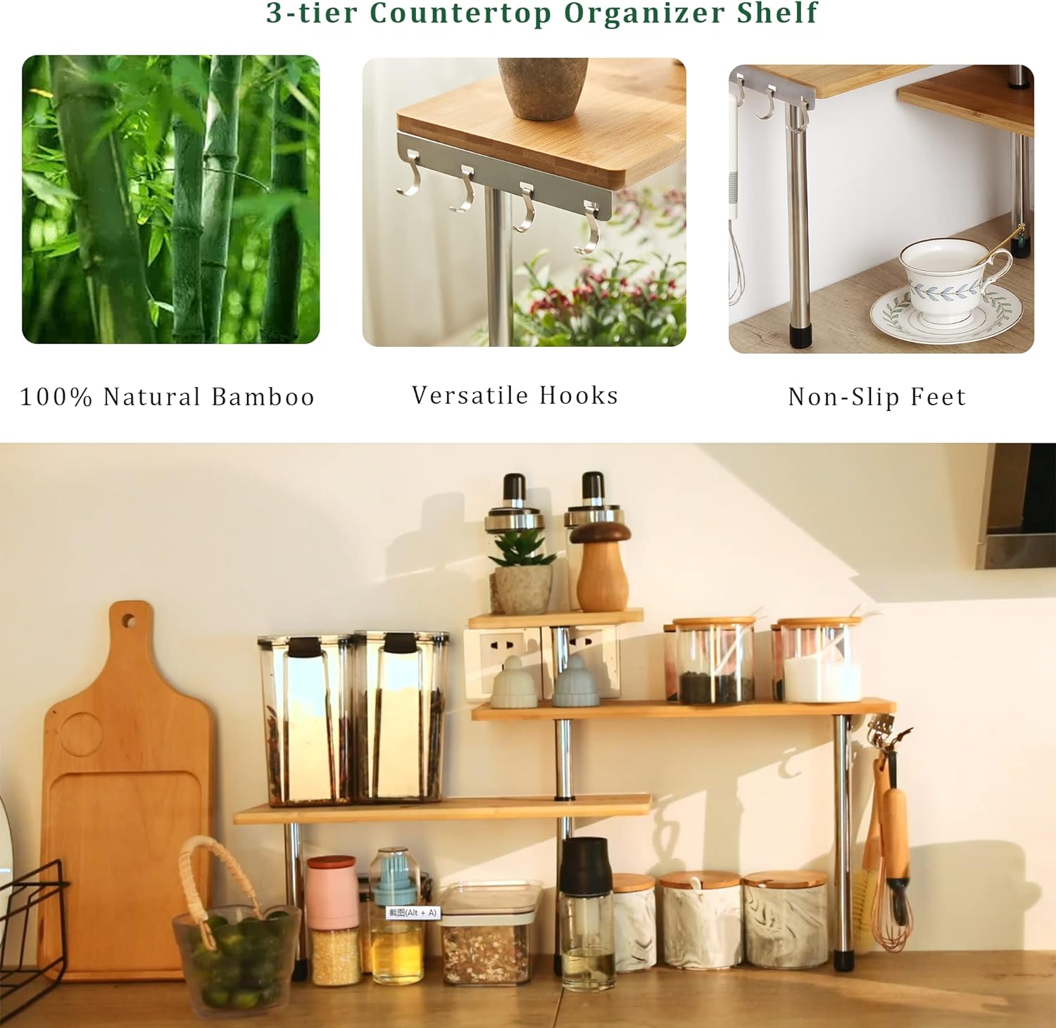 CARLA HOME 3 Tier Corner Shelf 68x38x18 cm, Bamboo Spice Rack with Hooks - SuperSaverAU - view 4