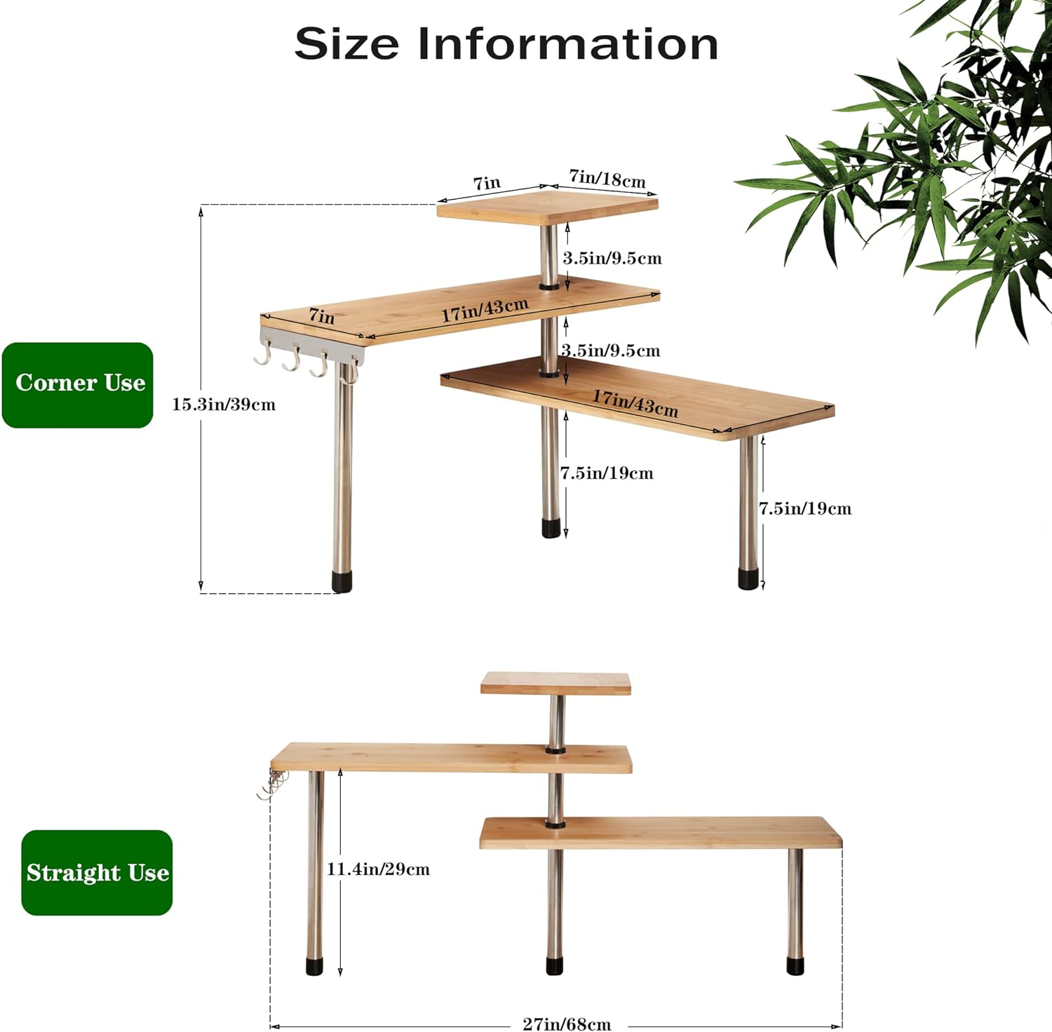 CARLA HOME 3 Tier Corner Shelf 68x38x18 cm, Bamboo Spice Rack with Hooks - SuperSaverAU - view 5