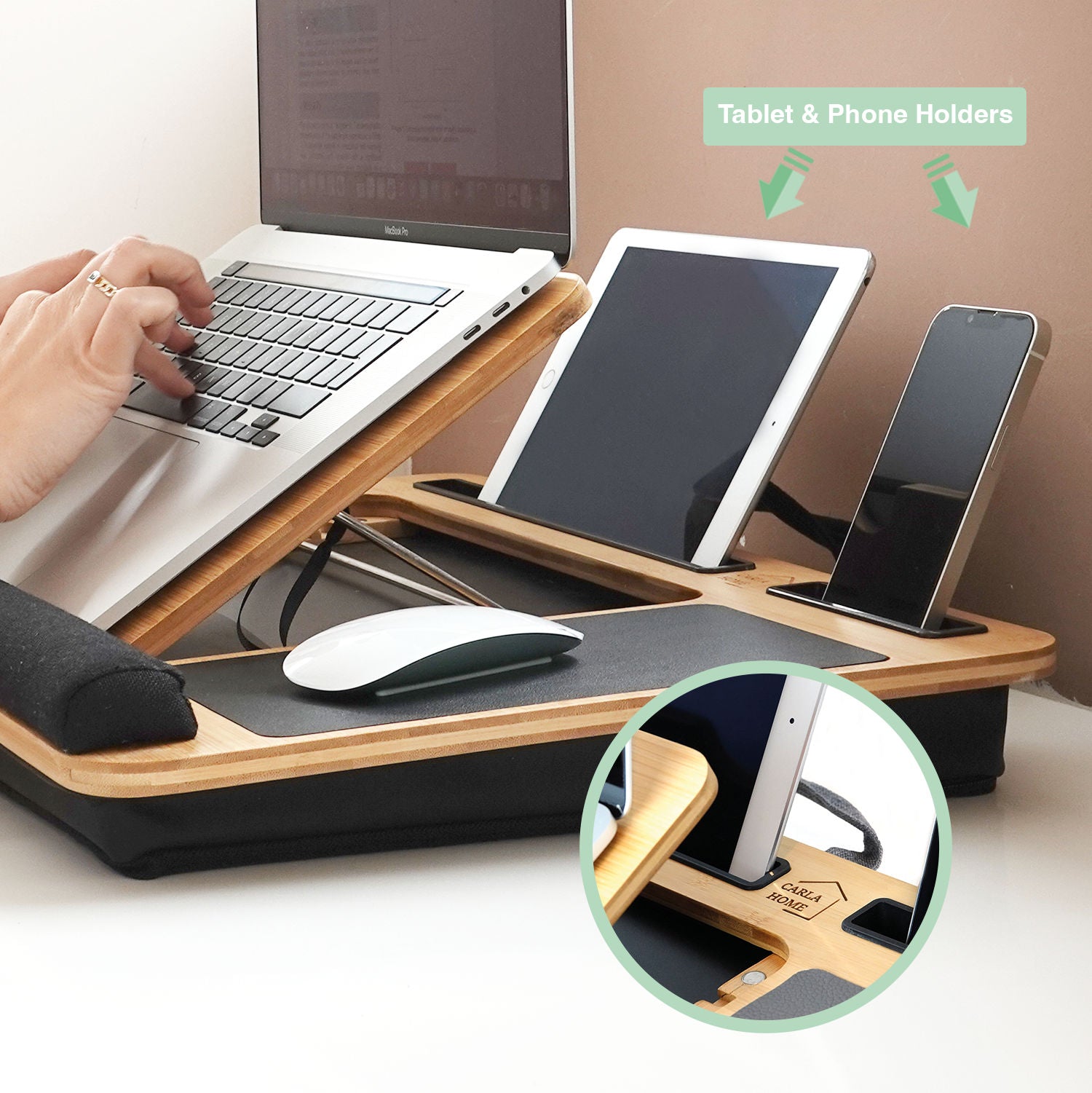 CARLA HOME Bamboo Laptop Lap Desk with Cushion and Angle Adjustable for Office and Home - SuperSaverAU - view 6