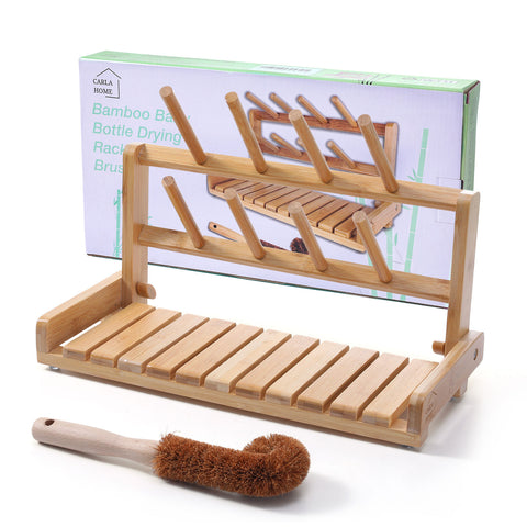 CARLA HOME Bamboo Baby Bottle Drying Rack with Brush - 18 x 36 x 17cm