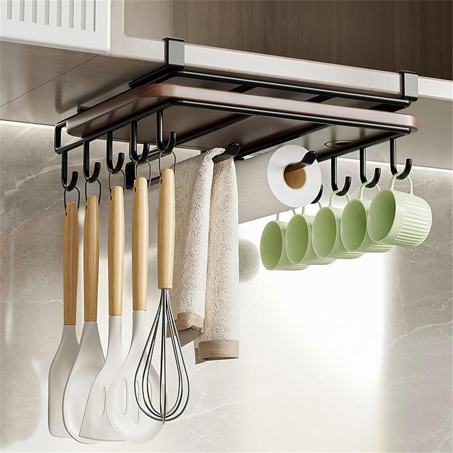 Premium Under Cabinet Cutting Board Holder with Hooks - Stainless Steel
