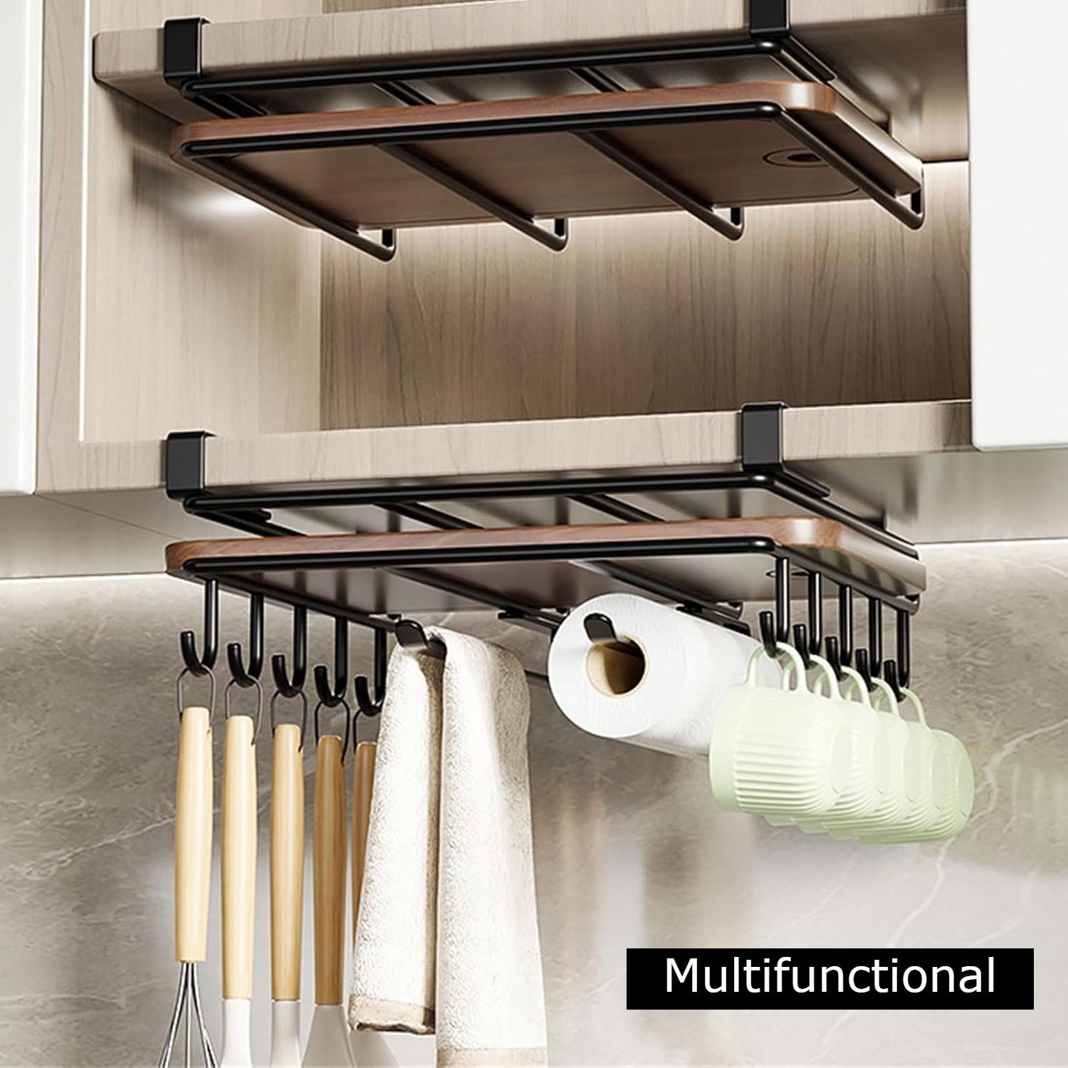 Premium Under Cabinet Cutting Board Holder with Hooks - Stainless Steel