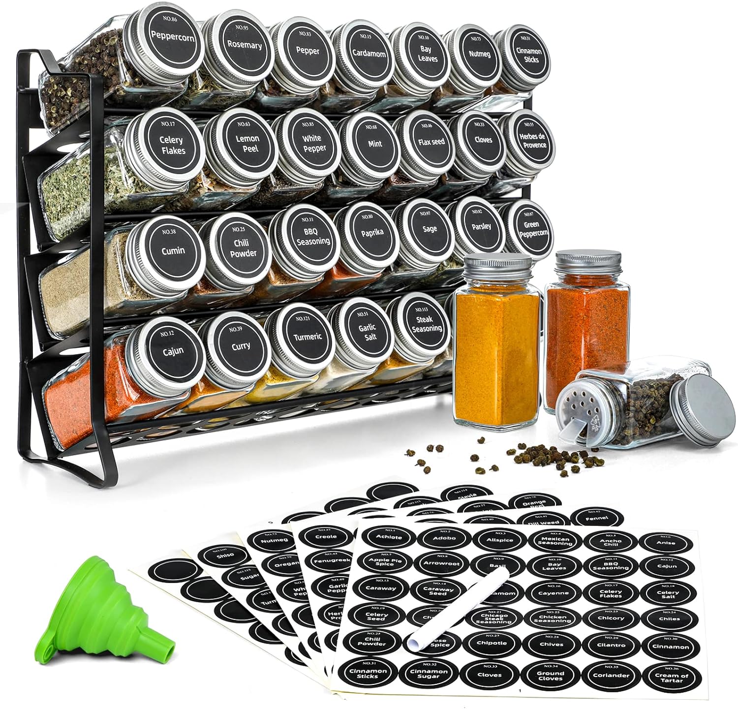 Premium 4-Tier Spice Rack Organiser with 28 Jars & Labels