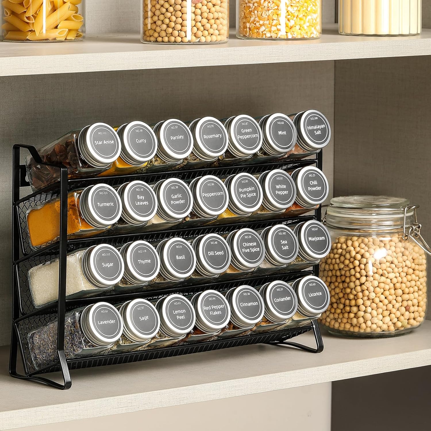 Premium 4-Tier Spice Rack Organiser with 28 Jars & Labels