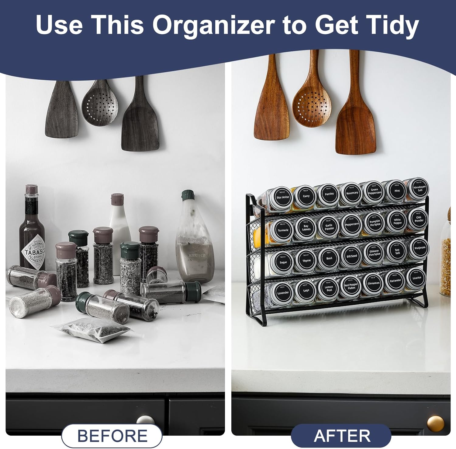 Premium 4-Tier Spice Rack Organiser with 28 Jars & Labels