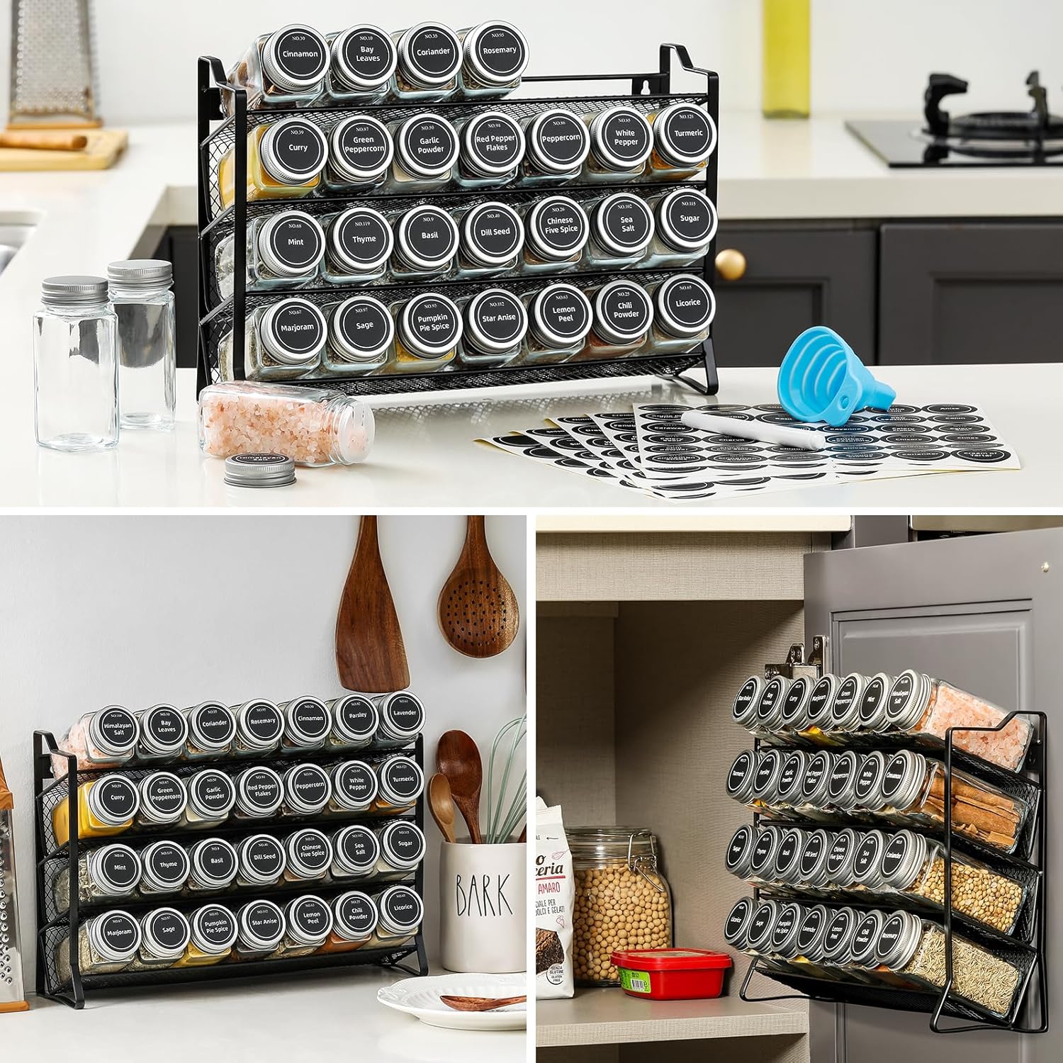 Premium 4-Tier Spice Rack Organiser with 28 Jars & Labels