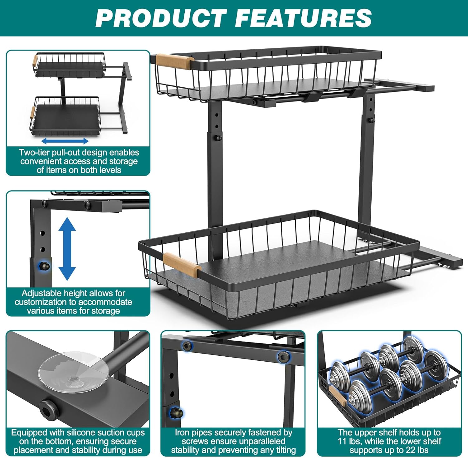 Premium 2-Tier Under Sink Organiser with Slide Rail - 41 x 36 x 30cm