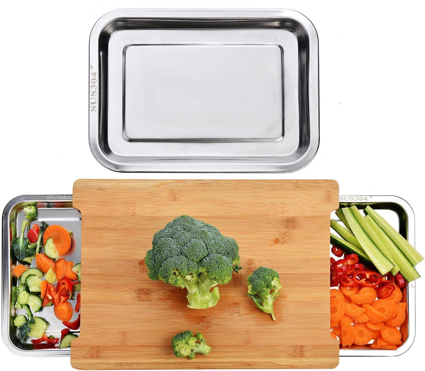 Premium Bamboo Chopping Board with Stainless Steel Trays - 42 x 30cm
