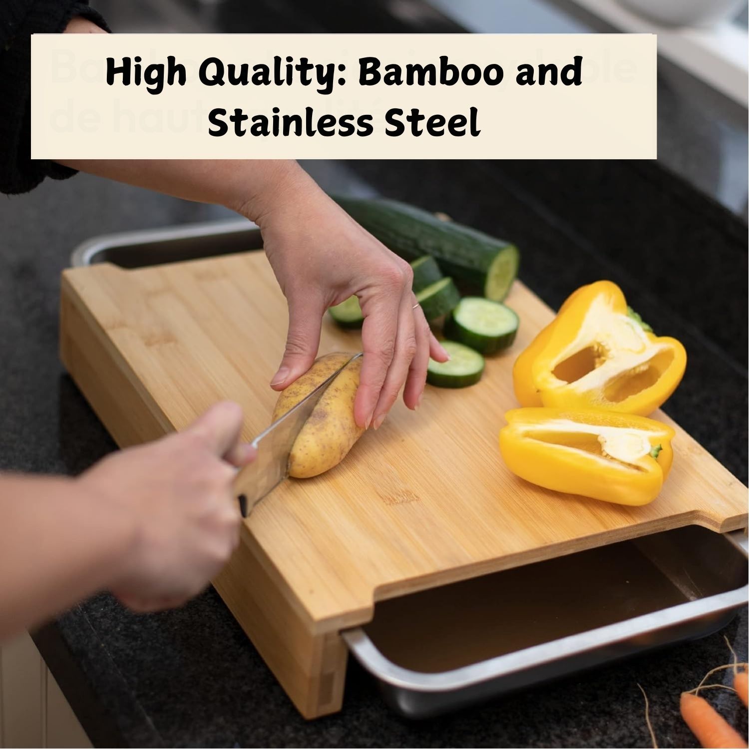 Premium Bamboo Chopping Board with Stainless Steel Trays - 42 x 30cm