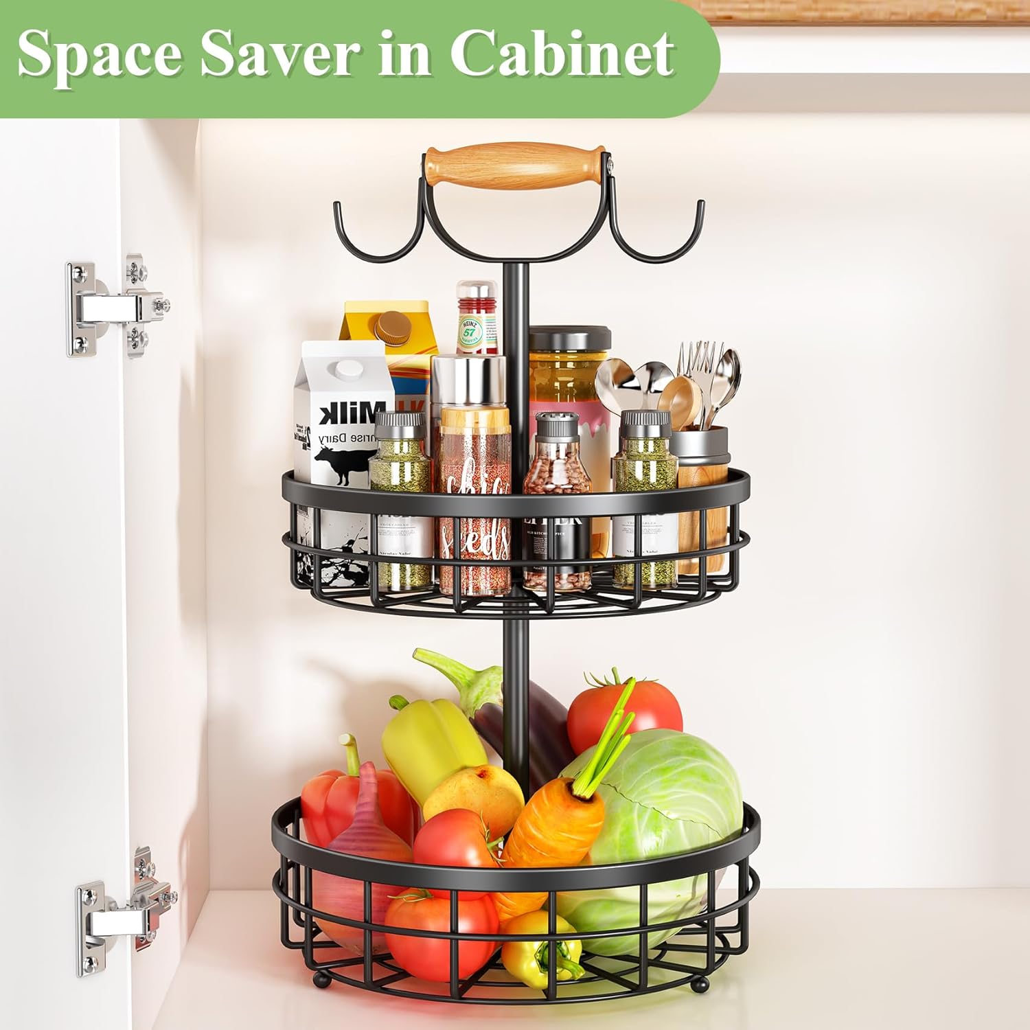 Premium 2-Tier Fruit Basket with Wood Handle & Dual Banana Hooks