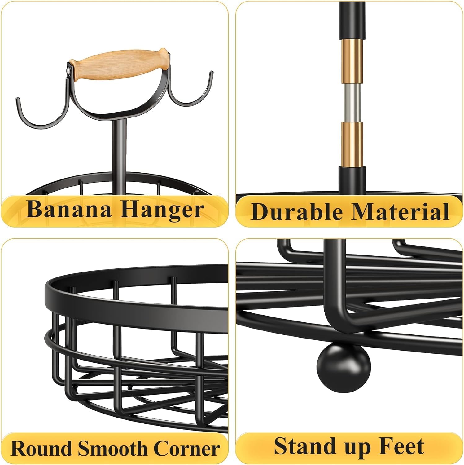 Premium 2-Tier Fruit Basket with Wood Handle & Dual Banana Hooks