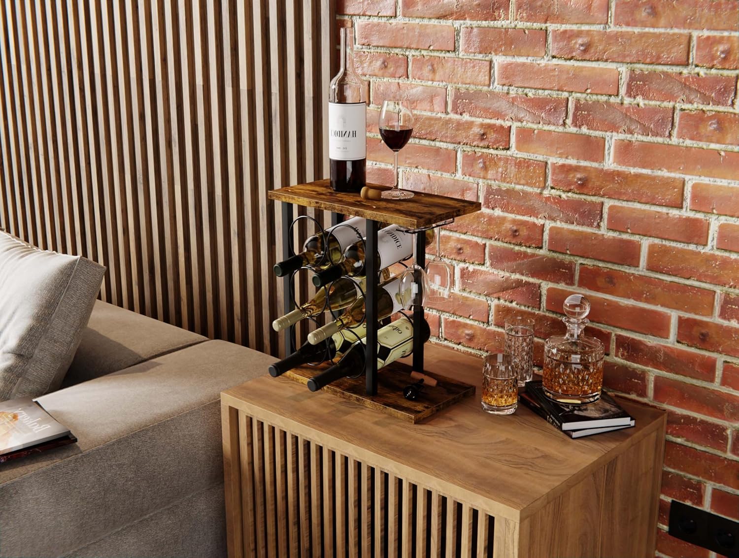 Wine Rack Countertop Holder for 6 Bottles & 2 Glasses - Wooden & Metal - SuperSaverAU - view 4
