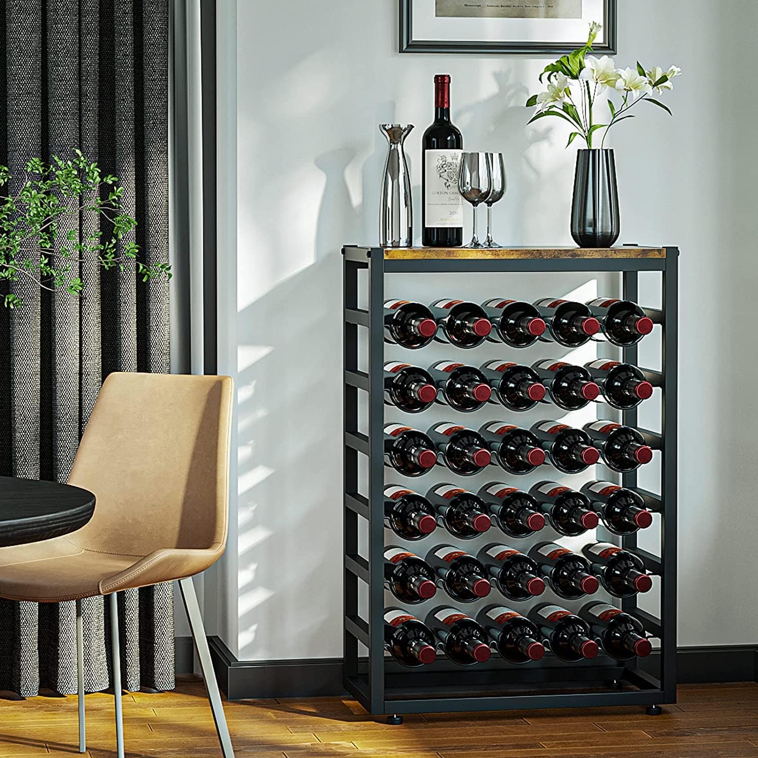 CARLA HOME 6 Tier Freestanding Wine Rack 30 Bottle with Wood Countertop