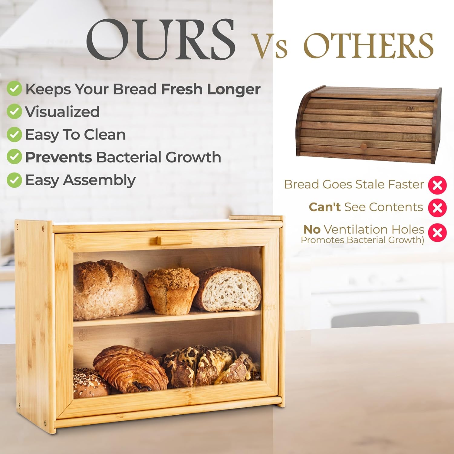 Premium Double Layer Bamboo Bread Box with Transparent Window