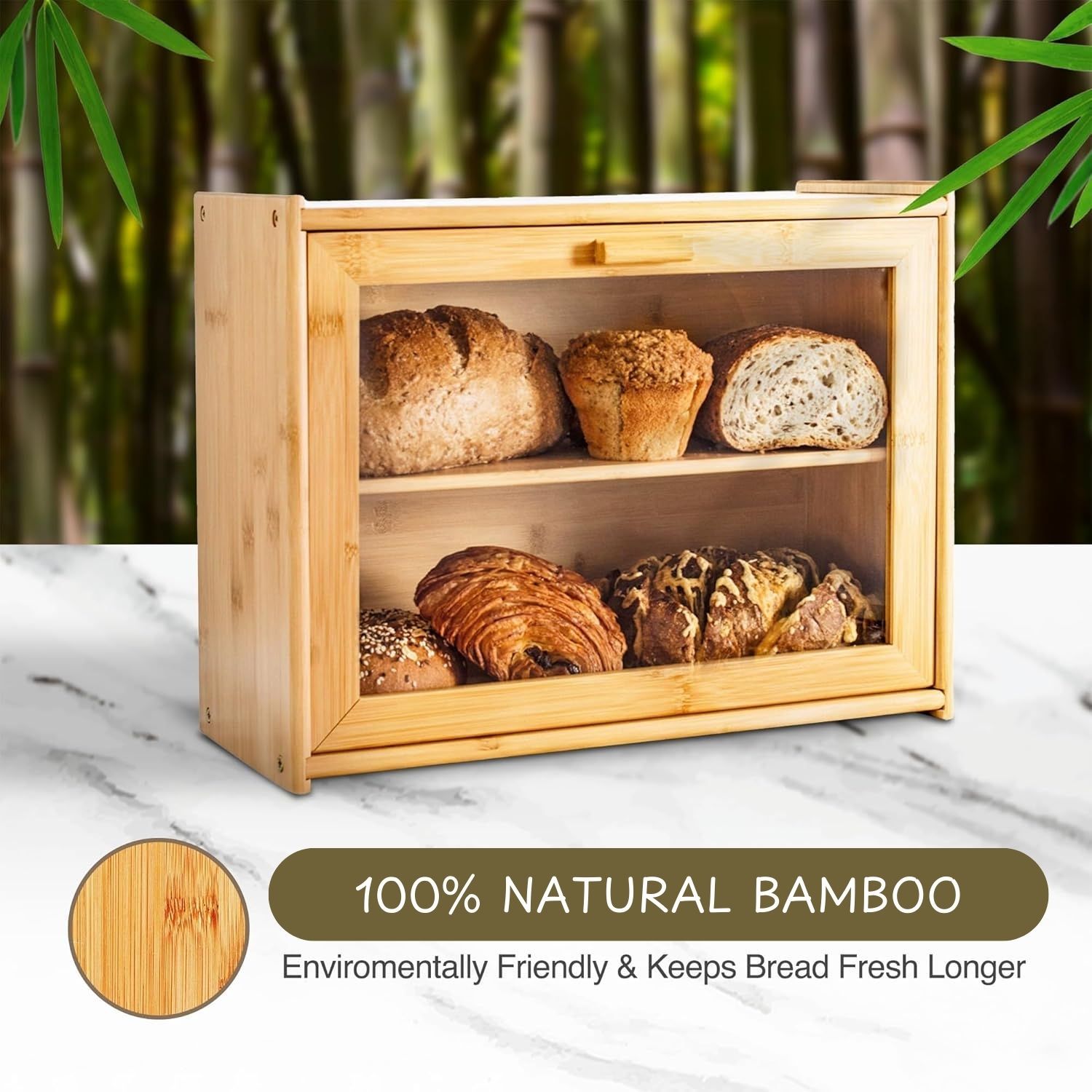Premium Double Layer Bamboo Bread Box with Transparent Window