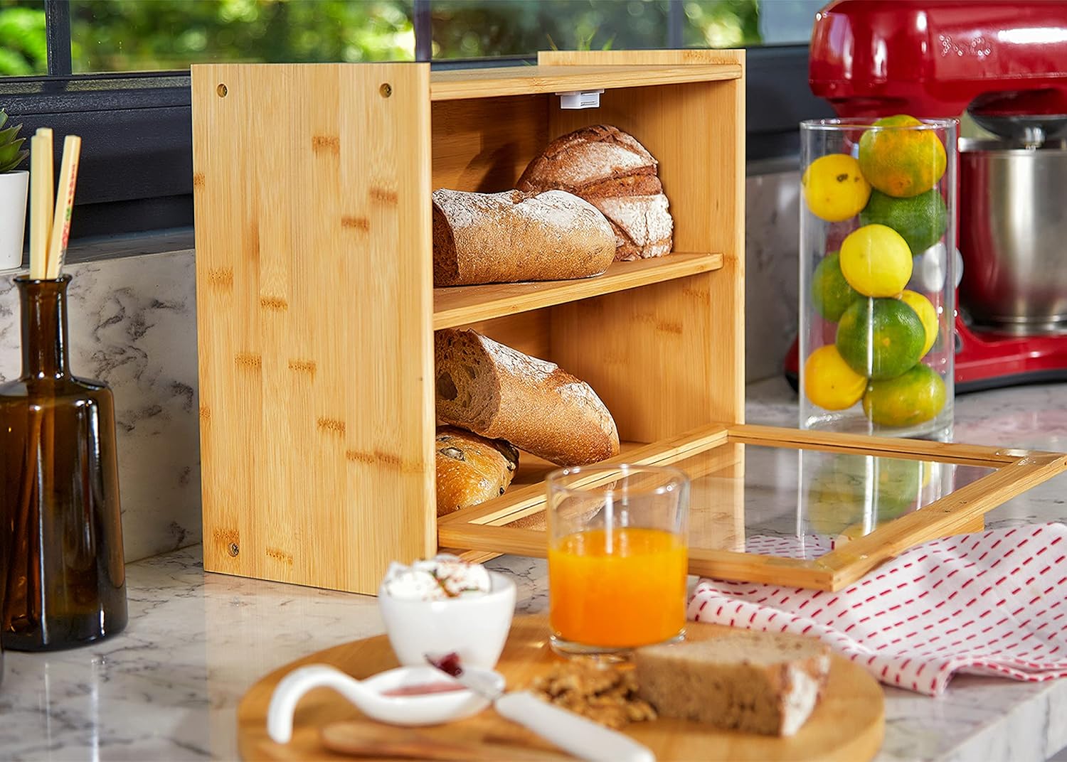 Premium Double Layer Bamboo Bread Box with Transparent Window